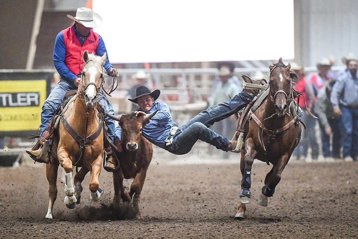 Tike Erickson, from Hobson, competes in the steer wrestling event at the Montana High School Rodeo Association Finals at Majestic Valley Arena on Thursday, June 5. (Casey Kreider/Daily Inter Lake)