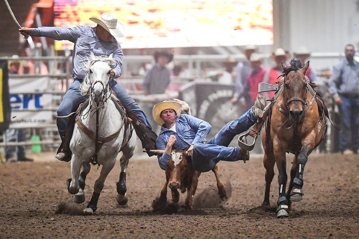 Teagen Arnold, from Conrad, competes in the steer wrestling event at the Montana High School Rodeo Association Finals at Majestic Valley Arena on Thursday, June 5. (Casey Kreider/Daily Inter Lake)