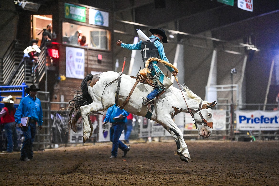 Kash Bouma, from Fairfield, competes in the saddle bronc riding event at the Montana High School Rodeo Association Finals at Majestic Valley Arena on Thursday, June 5. (Casey Kreider/Daily Inter Lake)