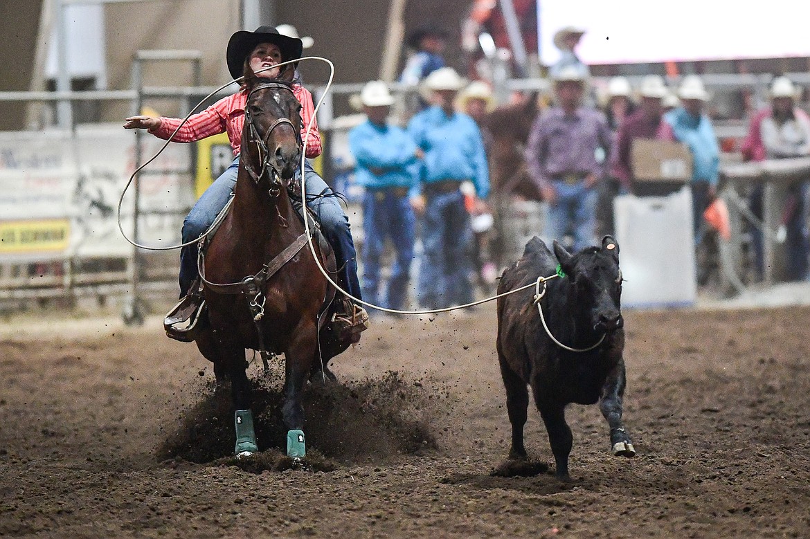 Raenee Mapston, from Belt, competes in the breakaway roping event at the Montana High School Rodeo Association Finals at Majestic Valley Arena on Thursday, June 5. (Casey Kreider/Daily Inter Lake)