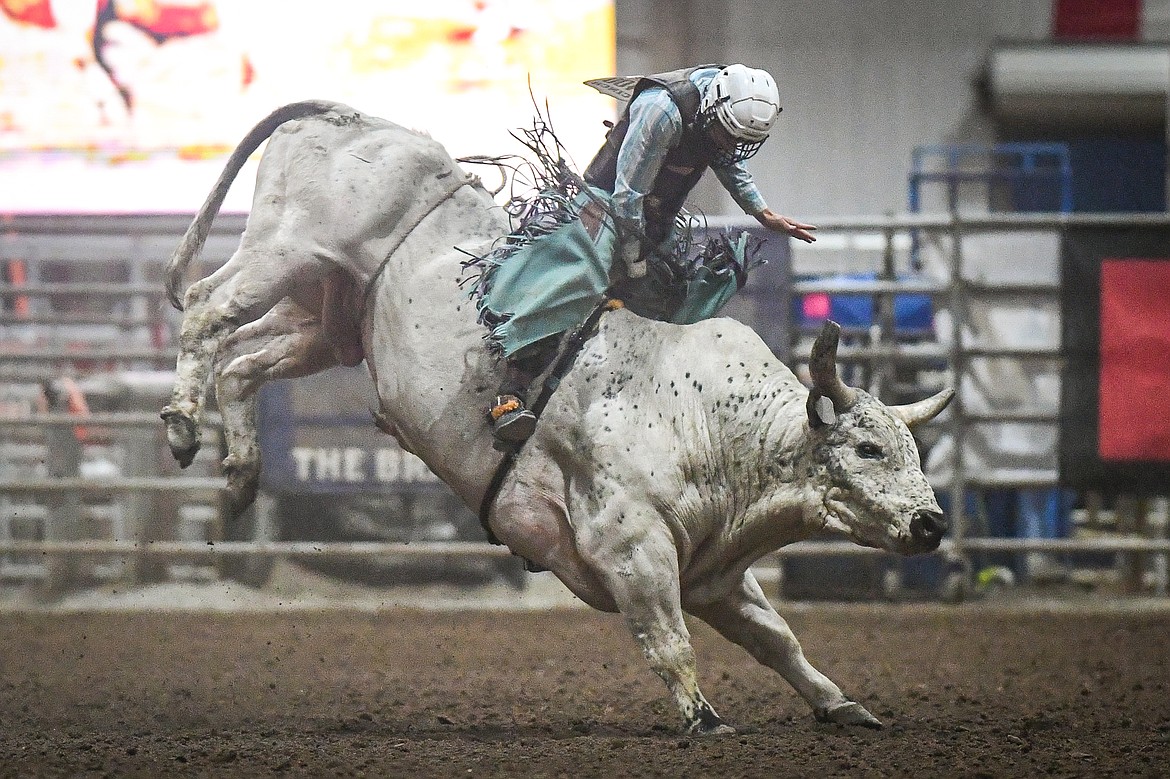 Rio Luger, from Busby, competes in bull riding at the Montana High School Rodeo Association Finals at Majestic Valley Arena on Thursday, June 5. (Casey Kreider/Daily Inter Lake)