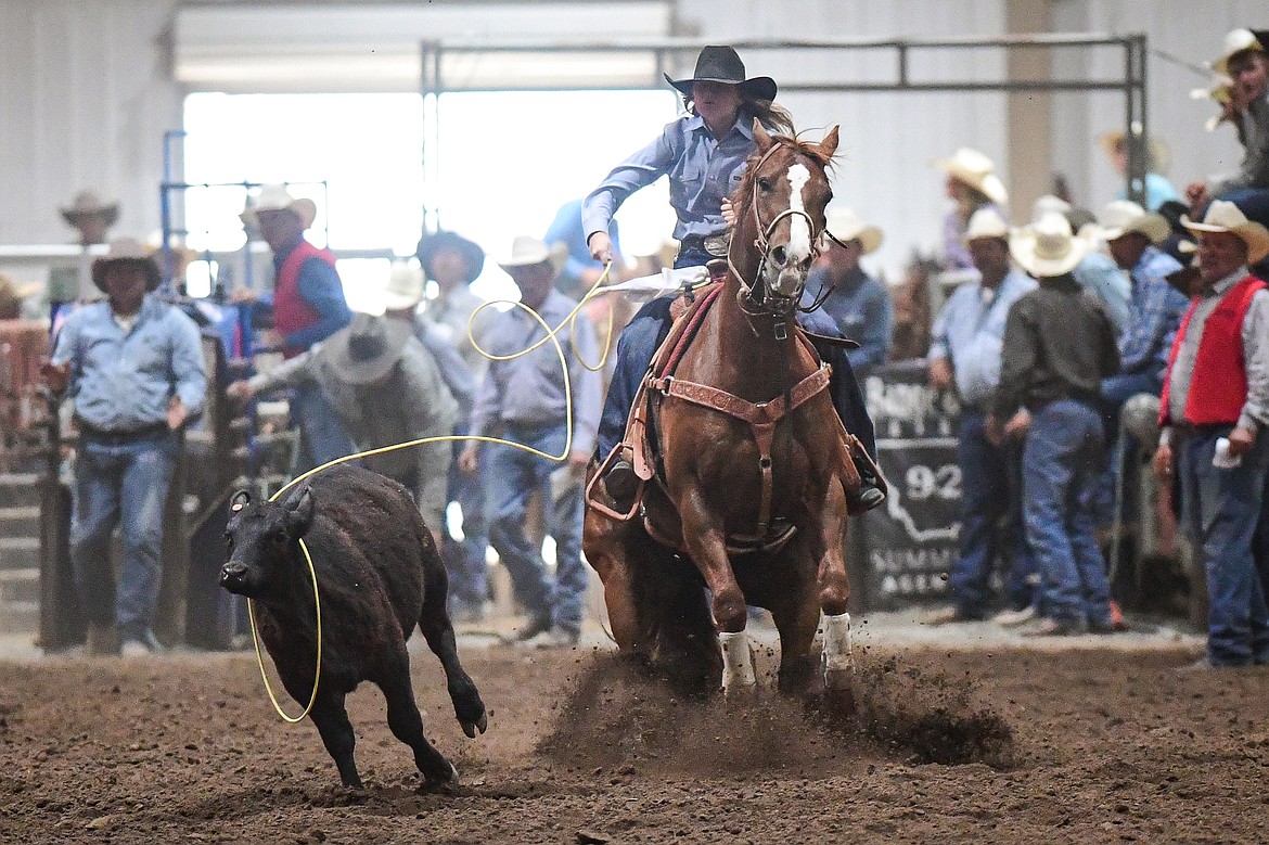 Mesa Radue, from Belgrade, competes in the breakaway roping event at the Montana High School Rodeo Association Finals at Majestic Valley Arena on Thursday, June 5. (Casey Kreider/Daily Inter Lake)