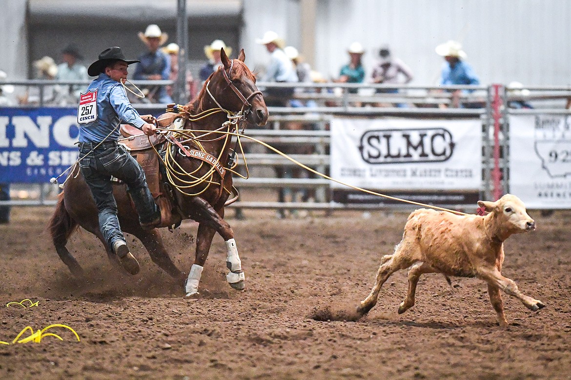 Tike Erickson, from Hobson, competes in the tie down roping event at the Montana High School Rodeo Association Finals at Majestic Valley Arena on Thursday, June 5. (Casey Kreider/Daily Inter Lake)