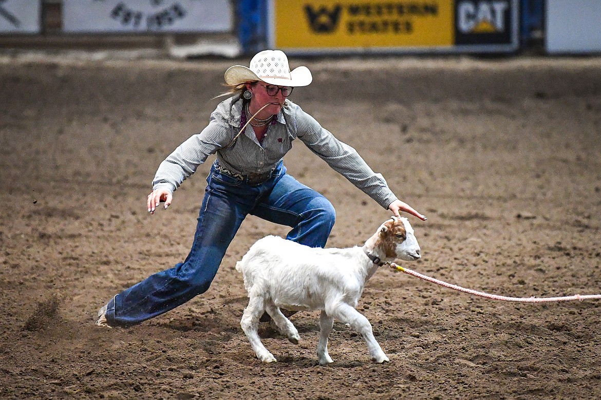 Braelyn Diegel, from Glendive, competes in the goat tying event at the Montana High School Rodeo Association Finals at Majestic Valley Arena on Thursday, June 5. (Casey Kreider/Daily Inter Lake)