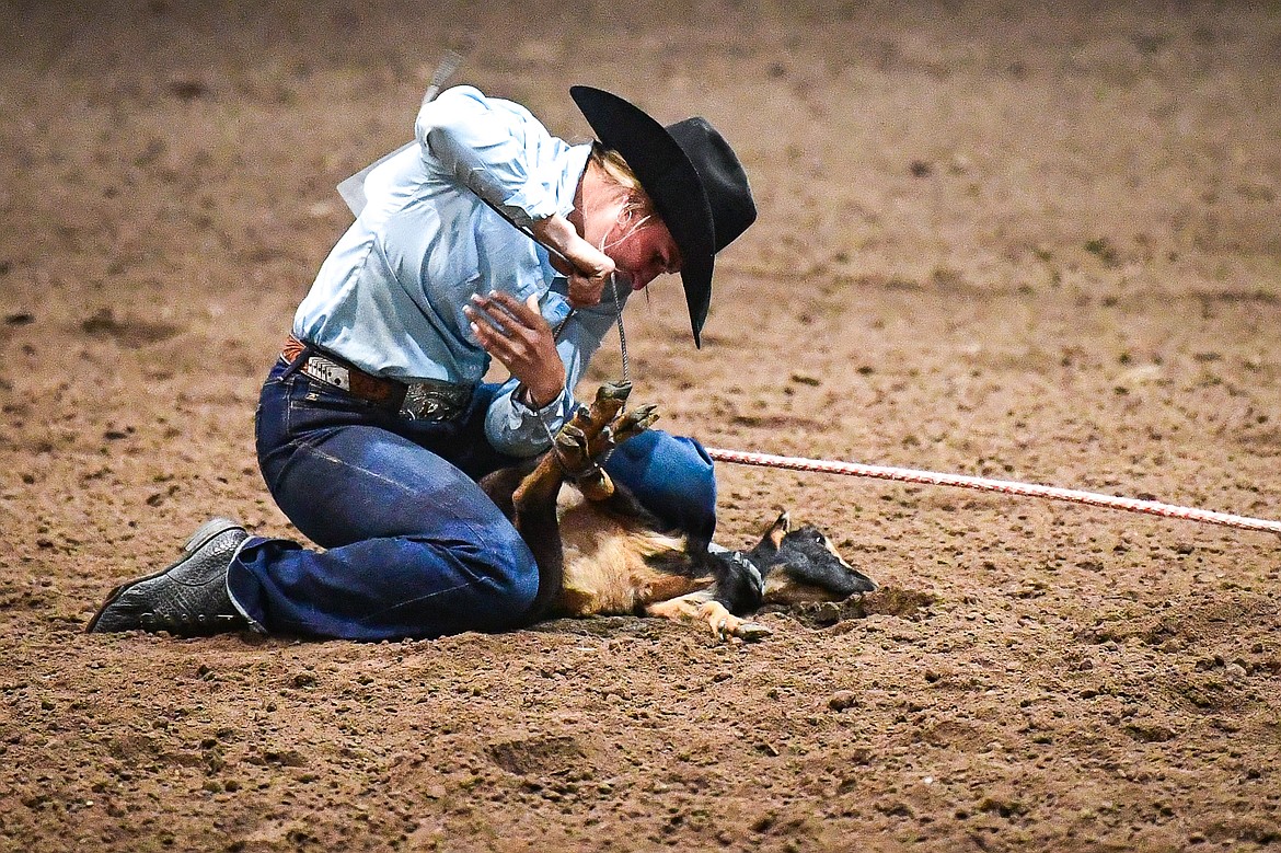 Shaylee Berg, from Stanford, competes in the goat tying event at the Montana High School Rodeo Association Finals at Majestic Valley Arena on Thursday, June 5. (Casey Kreider/Daily Inter Lake)