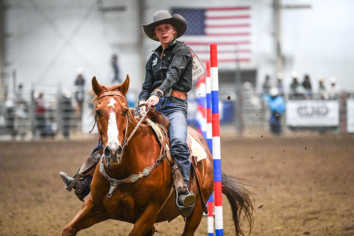 Chloe LaFromboise, from Helena, competes in pole bending at the Montana High School Rodeo Association Finals at Majestic Valley Arena on Thursday, June 5. (Casey Kreider/Daily Inter Lake)