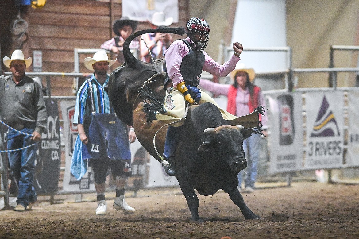 Tahj Wells, from Browning, competes in bull riding at the Montana High School Rodeo Association Finals at Majestic Valley Arena on Thursday, June 5. (Casey Kreider/Daily Inter Lake)
