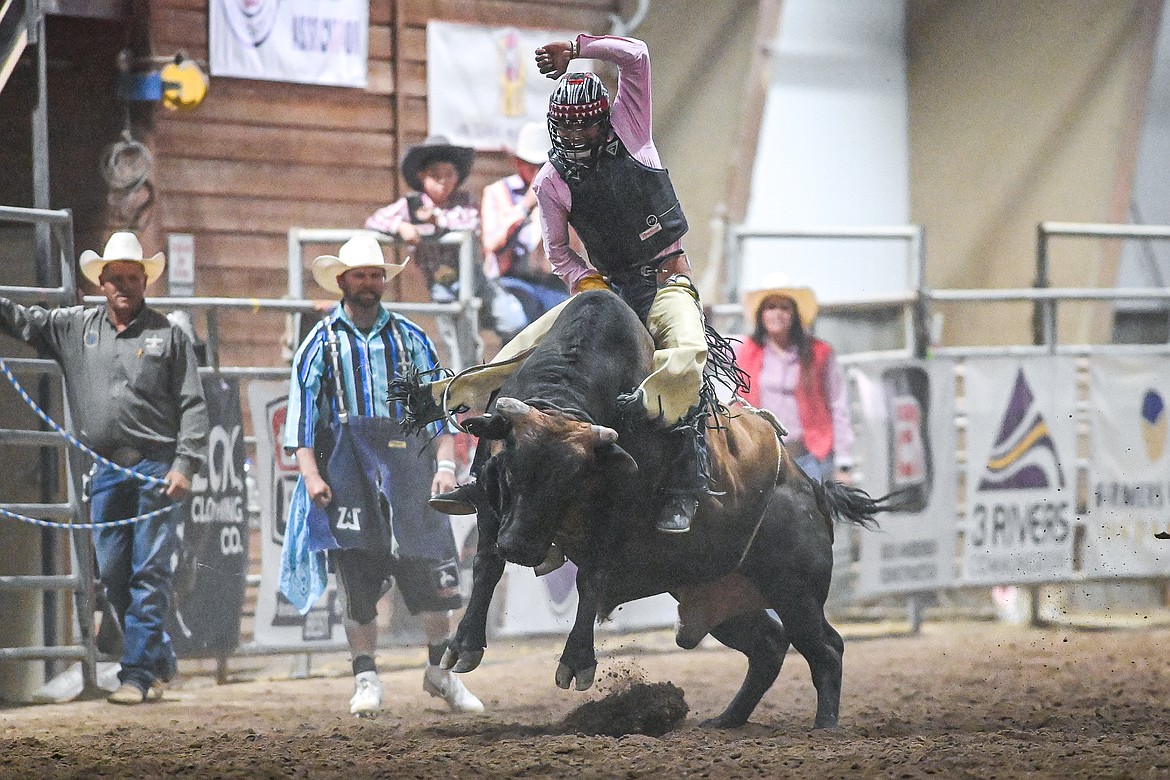 Tahj Wells, from Browning, competes in bull riding at the Montana High School Rodeo Association Finals at Majestic Valley Arena on Thursday, June 5. (Casey Kreider/Daily Inter Lake)