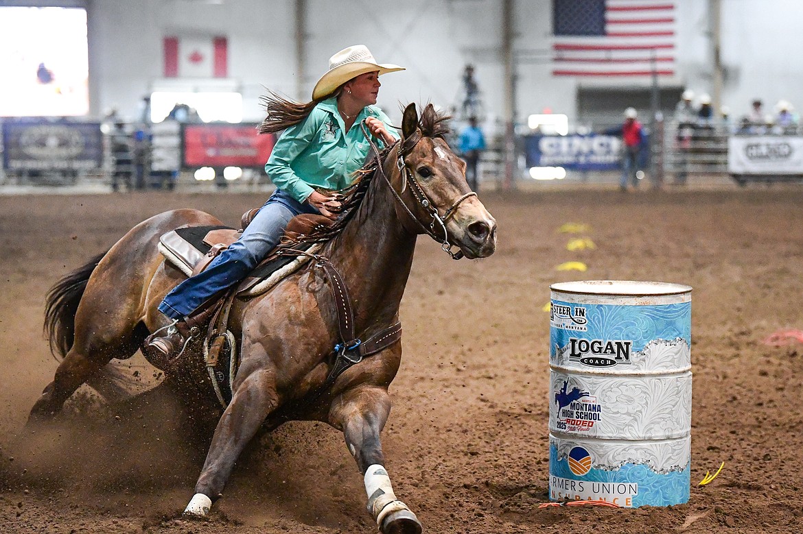 Isabella Moran, of Kalispell, competes in barrel racing at the Montana High School Rodeo Association Finals at Majestic Valley Arena on Thursday, June 5. (Casey Kreider/Daily Inter Lake)