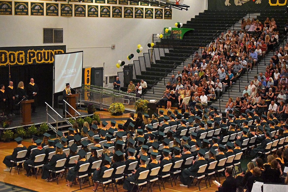 Jake Dunker speaks at graduation Saturday. (Kelsey Evans/Whitefish Pilot)