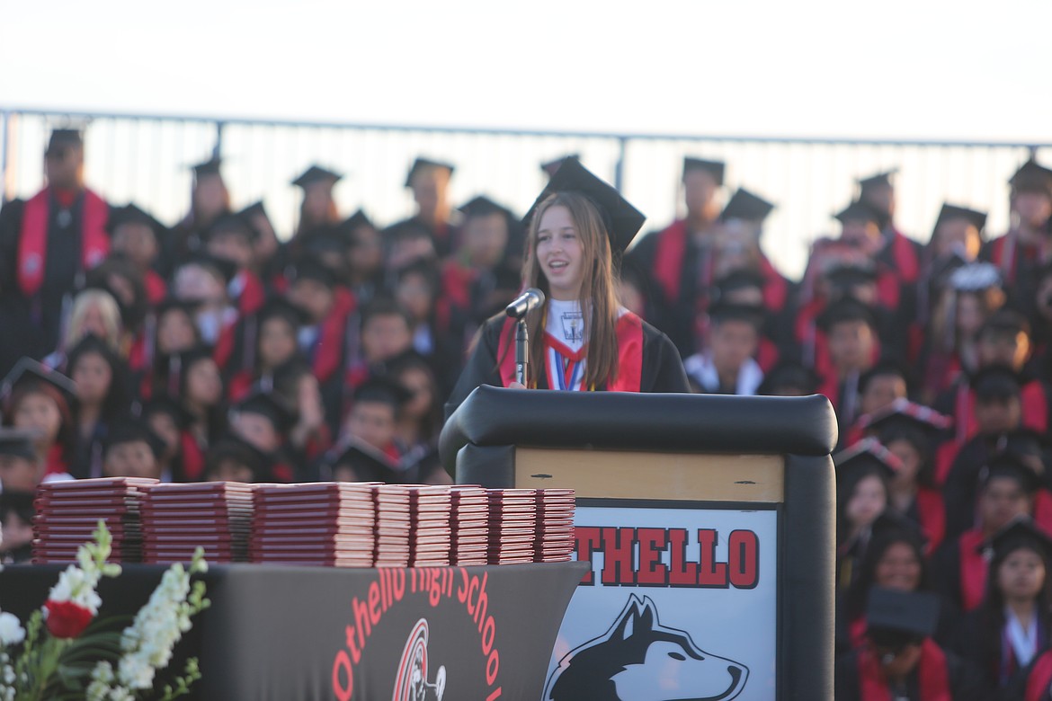 Othello Valedictorian Claire Gilbert giving her speech at the Othello High School graduation. Uniquely, Gilbert is co-Valedictorian alongside Natalie Cerrillo. She wished all of her classmates well and said she hopes they cross paths again.