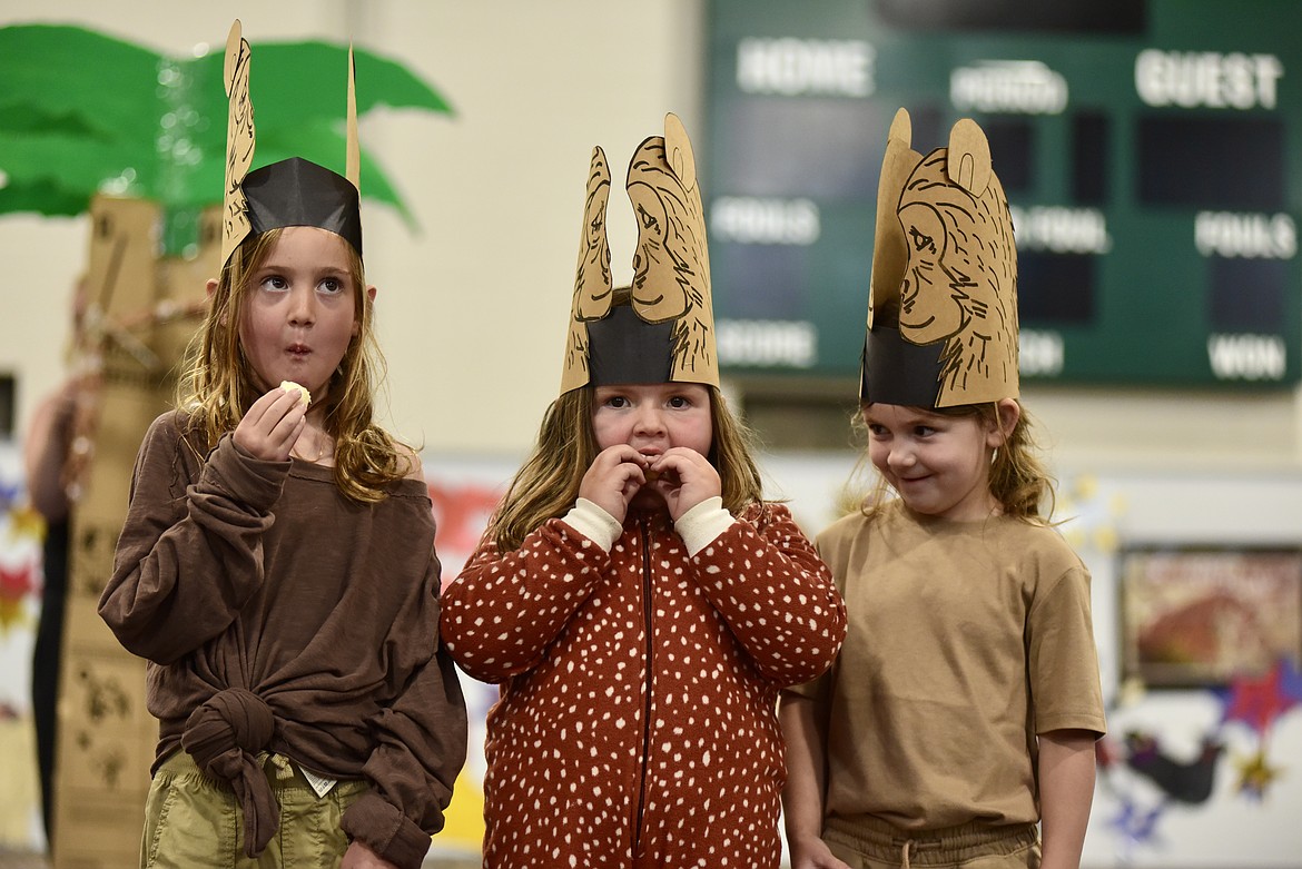 Three little monkeys sneak a snack at the Muldown kindergarten circus on Monday, June 9, 2025 (Matt Baldwin/Whitefish Pilot)