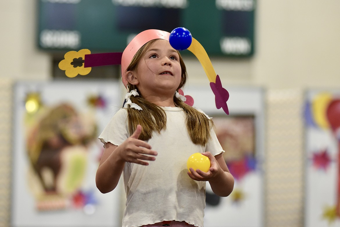 A juggler keeps a watchful eye at the Muldown Elementary kindergarten circus on Monday, June 9, 2025. (Matt Baldwin/Whitefish Pilot)