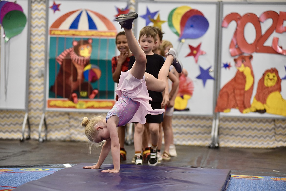 Kaitlyn Fayle goes head over heels at the Muldown Elementary kindergarten circus on Monday, June 9, 2025. (Matt Baldwin/Whitefish Pilot)