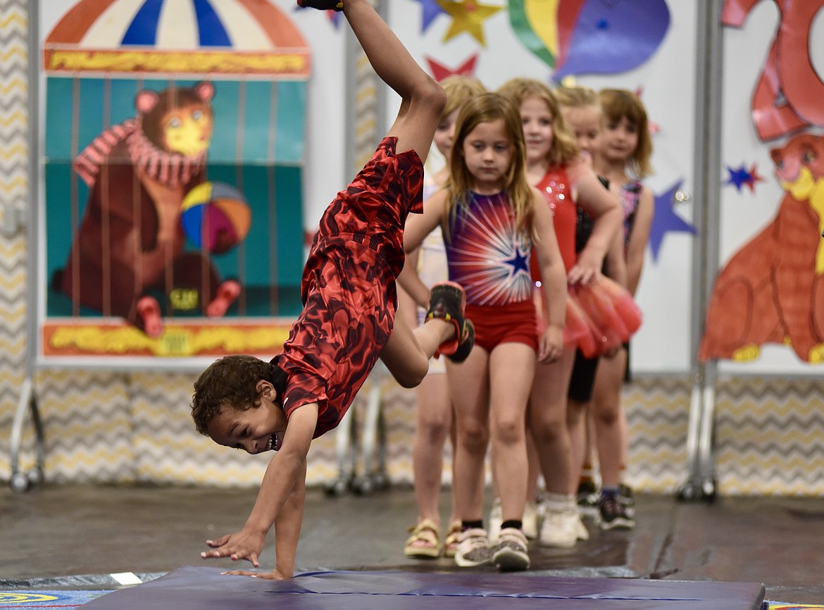 Malcolm Jackson spins a cartwheel at the Muldown Elementary kindergarten circus on Monday, June 9, 2025. (Matt Baldwin/Whitefish Pilot)