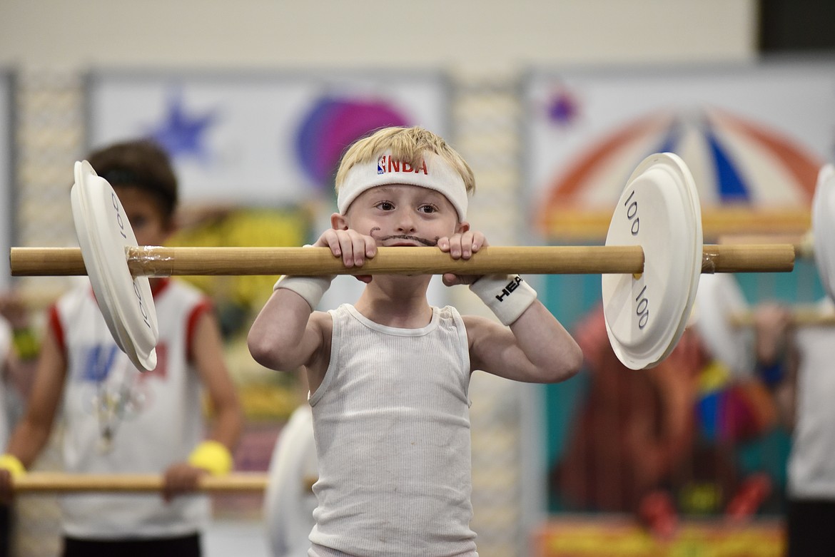 The world's strongest men flex their stuff at the Muldown Elementary kindergarten circus on Monday, June 9, 2025. (Matt Baldwin/Whitefish Pilot)
