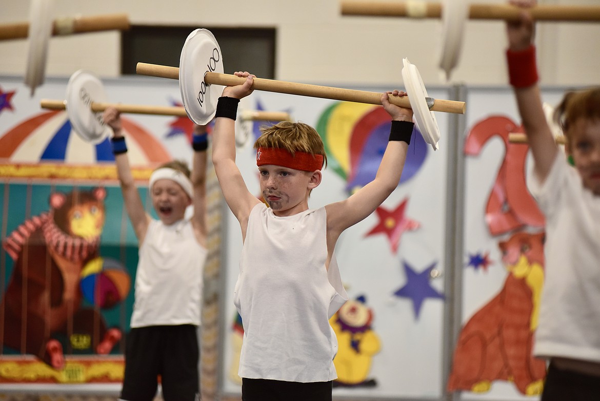 The world's strongest men flex their stuff at the Muldown Elementary kindergarten circus on Monday, June 9, 2025. (Matt Baldwin/Whitefish Pilot)