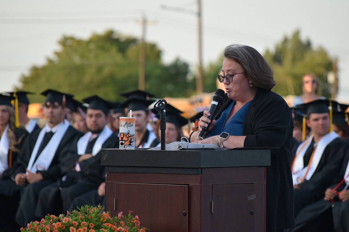 Ashlie Miller, who just completed her first school year as principal at Ephrata High School, introduces the EHS Class of 2025 during a ceremony Friday.