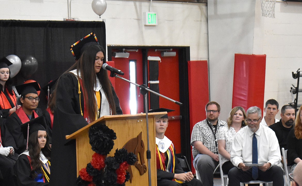 Camden Shaver, one of nine valedictorians, speaks at Lind-Ritzville’s graduation Saturday.