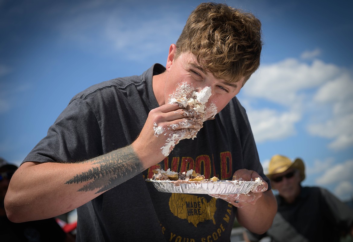 Plains resident who recently moved to Kalispell, Jacob McPhee was the winner of the pie eating contest. (Tracy Scott/Valley Press)