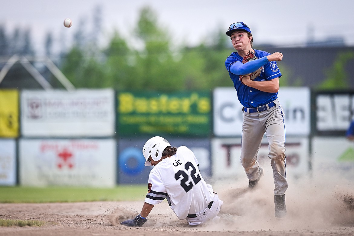 Libby Loggers shortstop Bransen Holzer throws to first base in an attempt to get a double play against the Glacier Twins Wednesday, June 11, 2025. (Casey Kreider/The Daily Inter Lake)