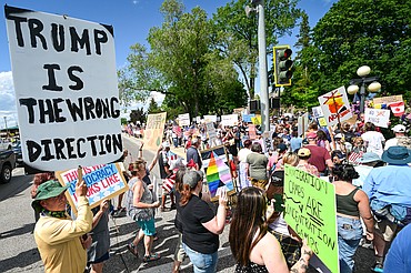 People gather at Depot Park in Kalispell for a "No Kings" rally protesting the Trump administration on Saturday, June 14. (Casey Kreider/Daily Inter Lake)