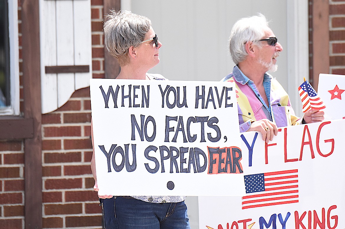 Protesters at the June 14, 2025, "No Kings" event in Libby shared their opinions. (Scott Shindledecker/The Western News)