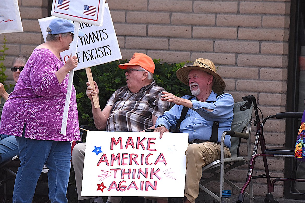Some "No Kings" protesters offer a suggestion June 14, 2025, in Libby. (Scott Shindledecker/The Western News)