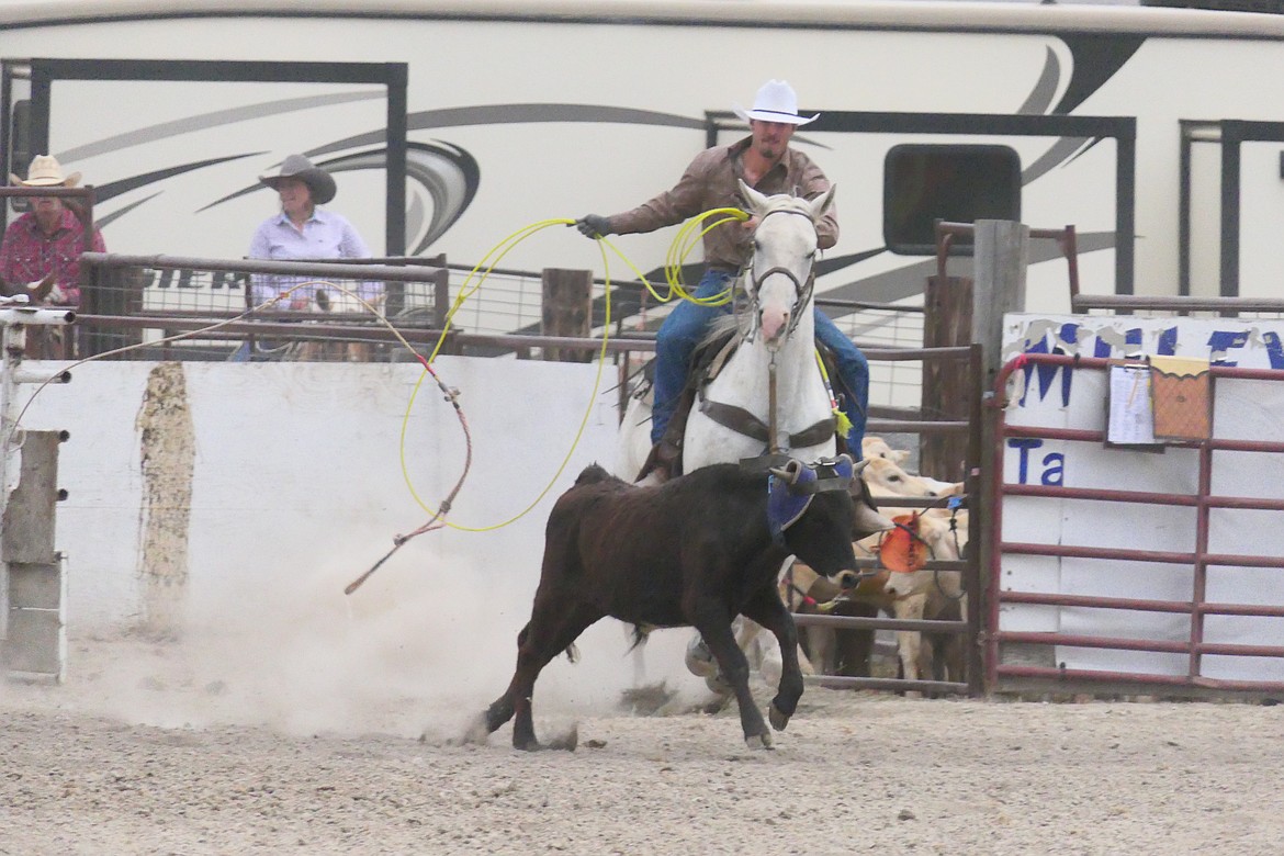Nick McAllister, a Hot Springs area cowboy, tries to rope a calf during one of the team roping events at this year's Homesteader Days Rodeo in Hot Springs this past Sunday.  (Chuck Bandel/VP-MI)