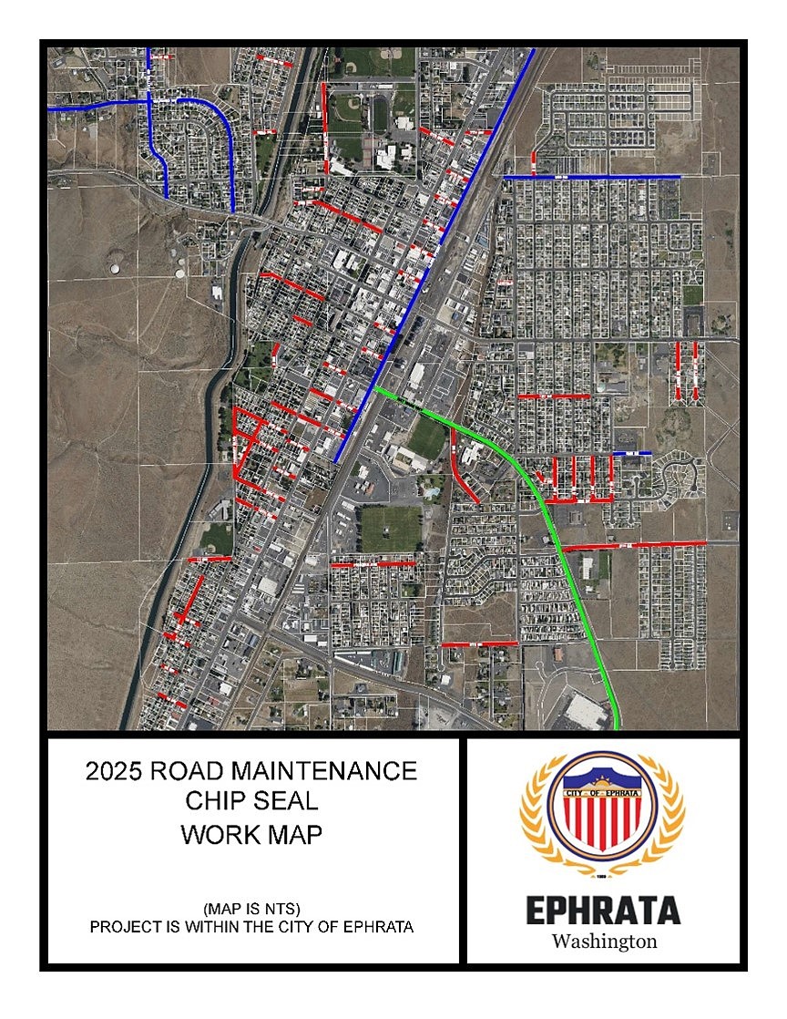The City of Ephrata has completed several road repair projects. The ones in red were double-chip sealed, those in blue had a single chip seal and the one in green is the Nat Washington Way project.