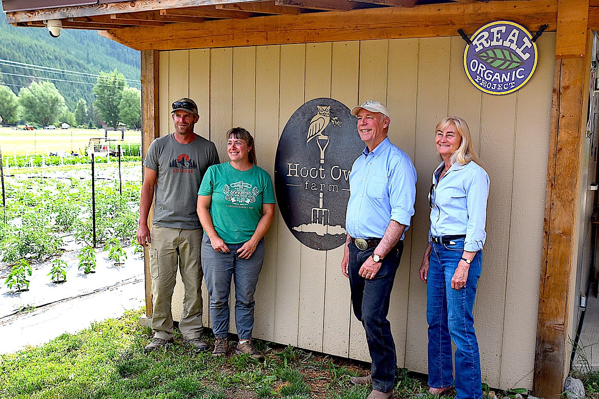 From left are Hoot Owl Farms' Rudy Geber, his wife Bonnie Geber, Gov. Greg Gianforte and First Lady Susan Gianforte Tuesday, June 17, 2025, during a tour. (Scott Shindledecker/The Western News)