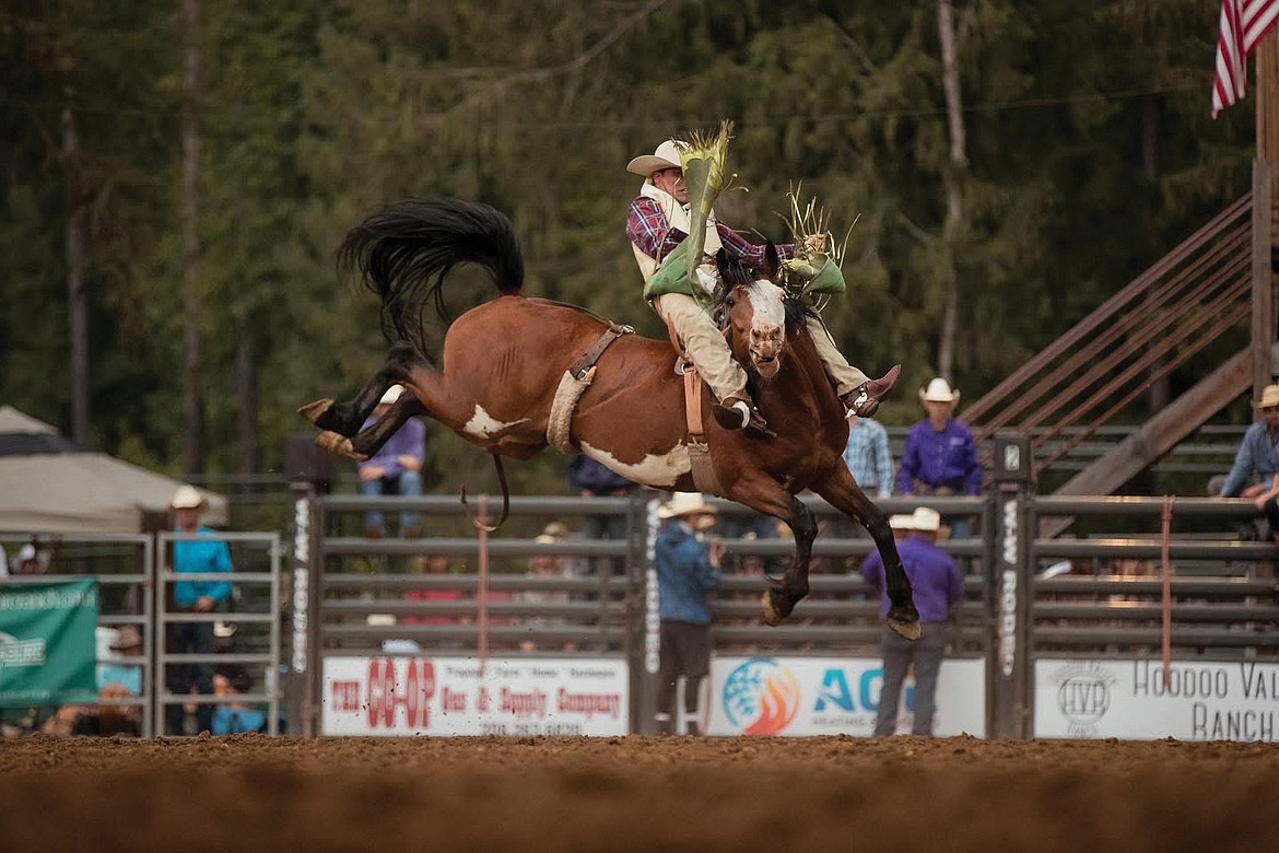 Mason Payne in the midst of his bareback competition trying to hold on for eight seconds. Payne has been around the rodeo since he was 14 years old.