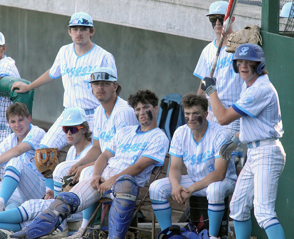 From the dugout of the Libby Loggers Legion baseball team June 18, 2025, against the Bitterroot Bucs with Kale Hall, left, Noah Gillespie, Cody Todd, Ian Thom, Brody Gilmore, Bransen Holzer, Tanner Wolfe and Boe Miles. Loggers over Bucs 9-8. (Paul Sievers/The Western News)