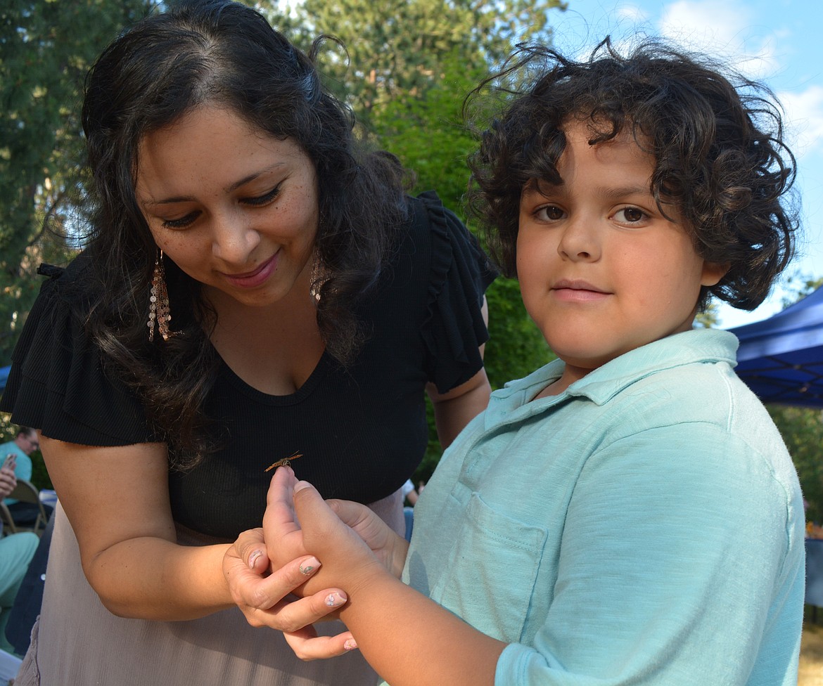 Darina Reyes looks at the tiny butterfly her son, Asaiah had land on him after a memorial butterfly release Tuesday in the Share Hope Memorial Garden in Coeur d'Alene.