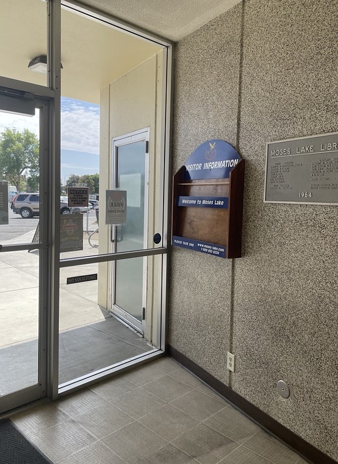 A photo of the Moses Lake Library entrance Tuesday. The Narcan vending machine was located in the front breezeway of the library, but NCW Thriving Together is relocating it.
