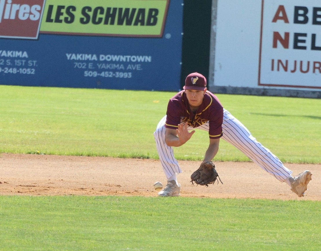 Mavericks Kason Whitaker fields a line drive near second base. Whitaker represented Moses Lake in the All-State baseball game on June 22 and June 23.