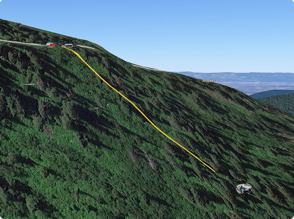 A rendering from Bigfork Fire Department shows how far a vehicle rolled when it went over the Jewel Basin Road on June 26, 2025. (Photo courtesy of Al Benitez)