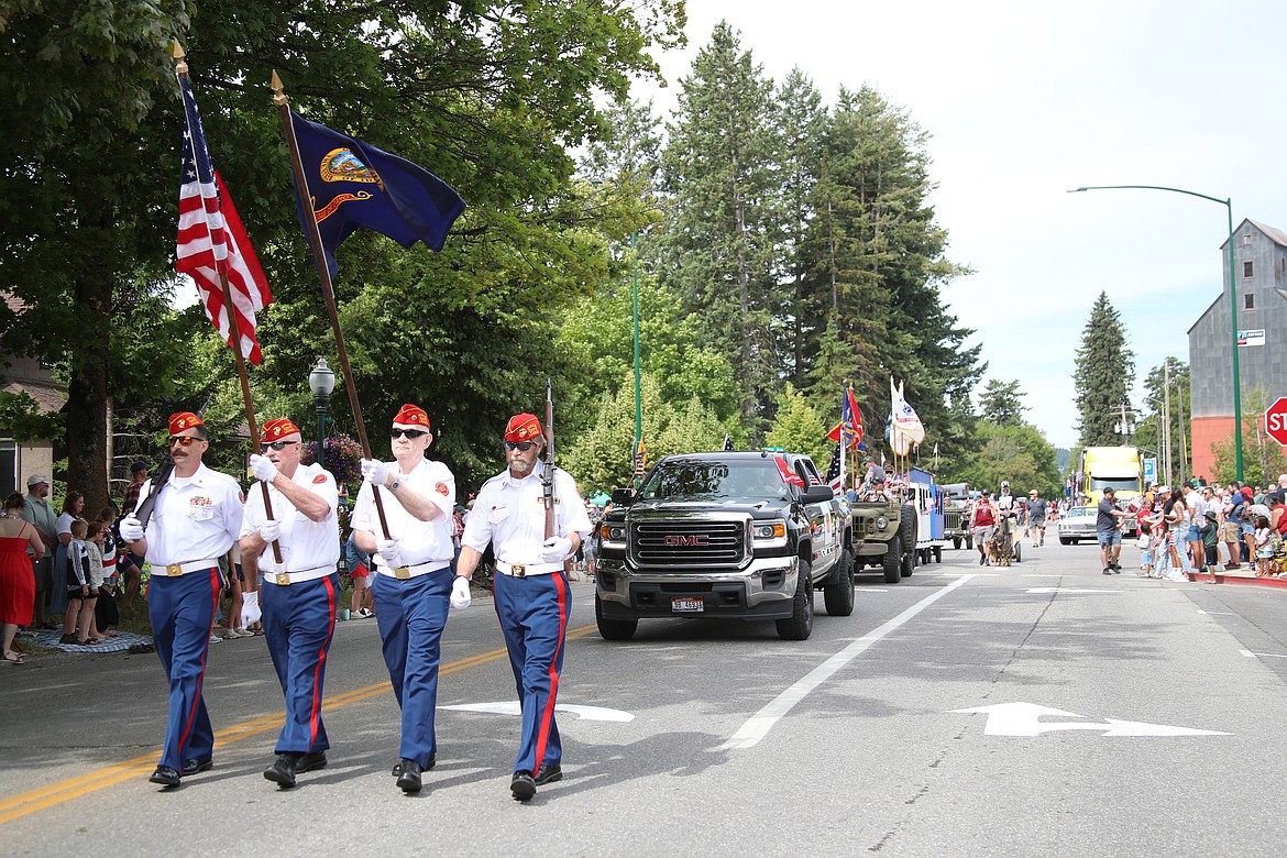 The Sandpoint Marines Color Guard makes their way down Church Street during the Sandpoint Lions grand parade during the Fourth of July on Friday.