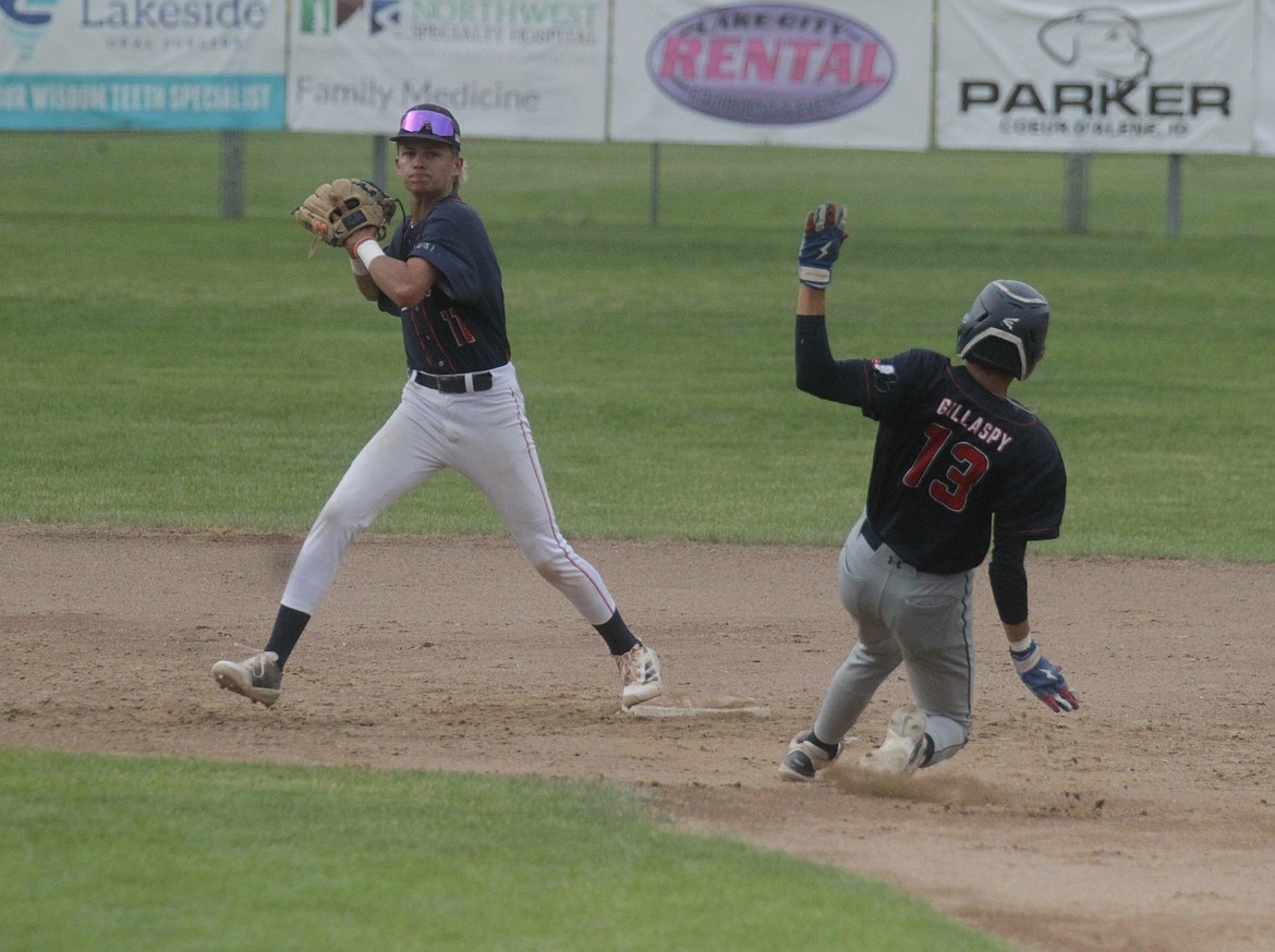 MARK NELKE/Press
Coeur d'Alene Lumbermen shortstop Aven Adams looks to throw to first base as RJ Gillaspy of the Spokane Expos Williamson slides into second base on Saturday at the Spokane/Coeur d'Alene Wood Bat Classic at Thorco Field.