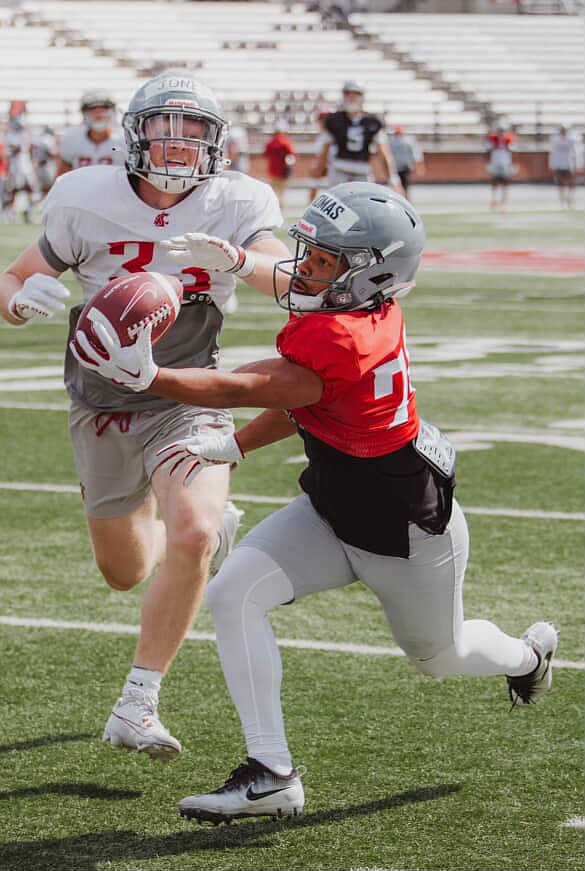 Mavs alum Kyson Thomas hauls in a one-handed catch during practice at Washington State. Thomas played in all three phases of football while at Moses Lake and left his mark, according to head coach Brett Jay.
