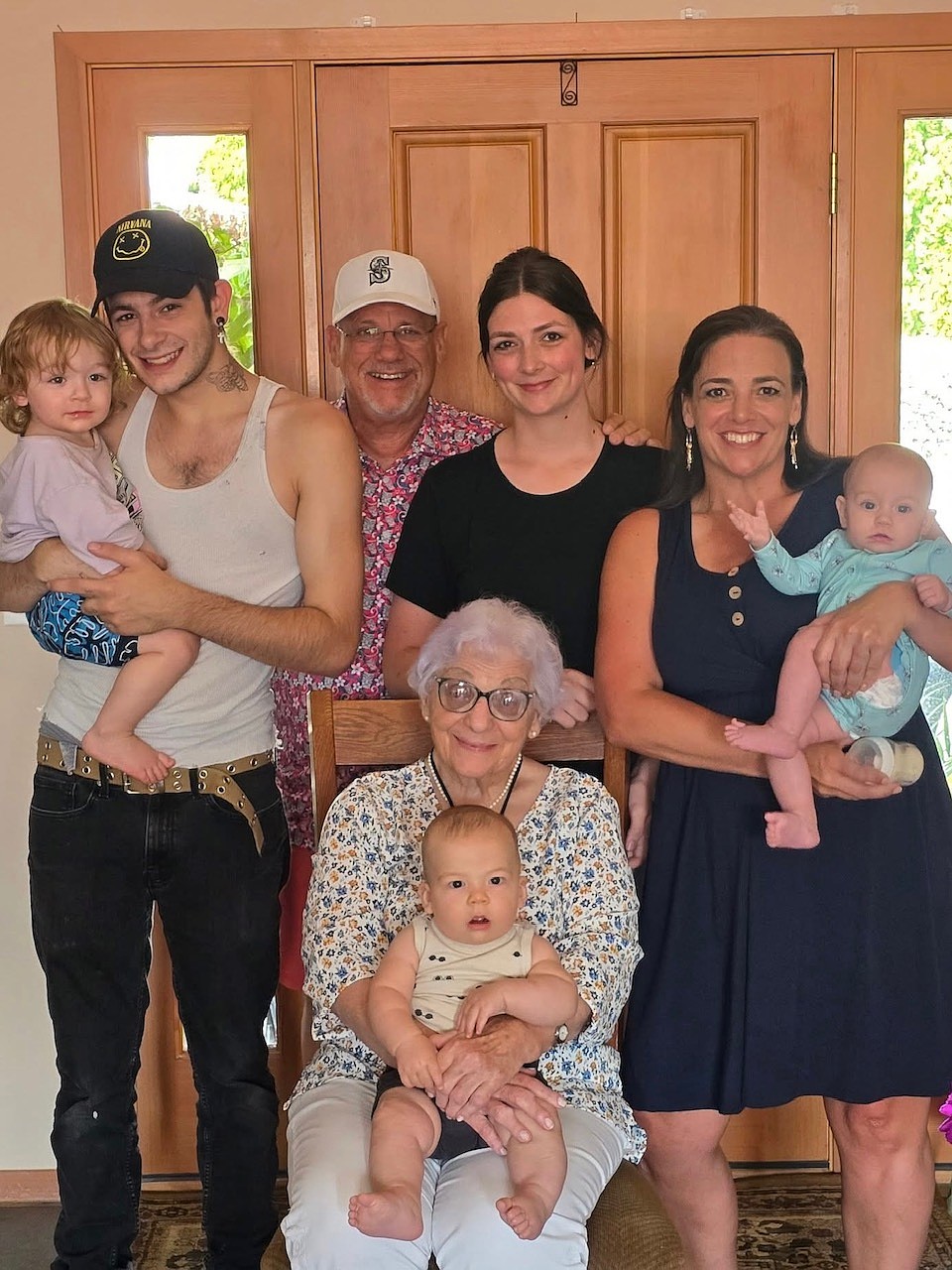 Back, from left: Ethan Jeremiah Farr II, 18 months, in arms of his father Ethan Farr; great-grandfather Steve Bishop; Danissa Farr Snyder; grandmother Joy Bishop Churchill, holding Alisha Farr, 6 months. Seated is great-great-grandmother Emma Lou Bishop of Moses Lake, holding Danissa’s son Roman Snyder, six months.