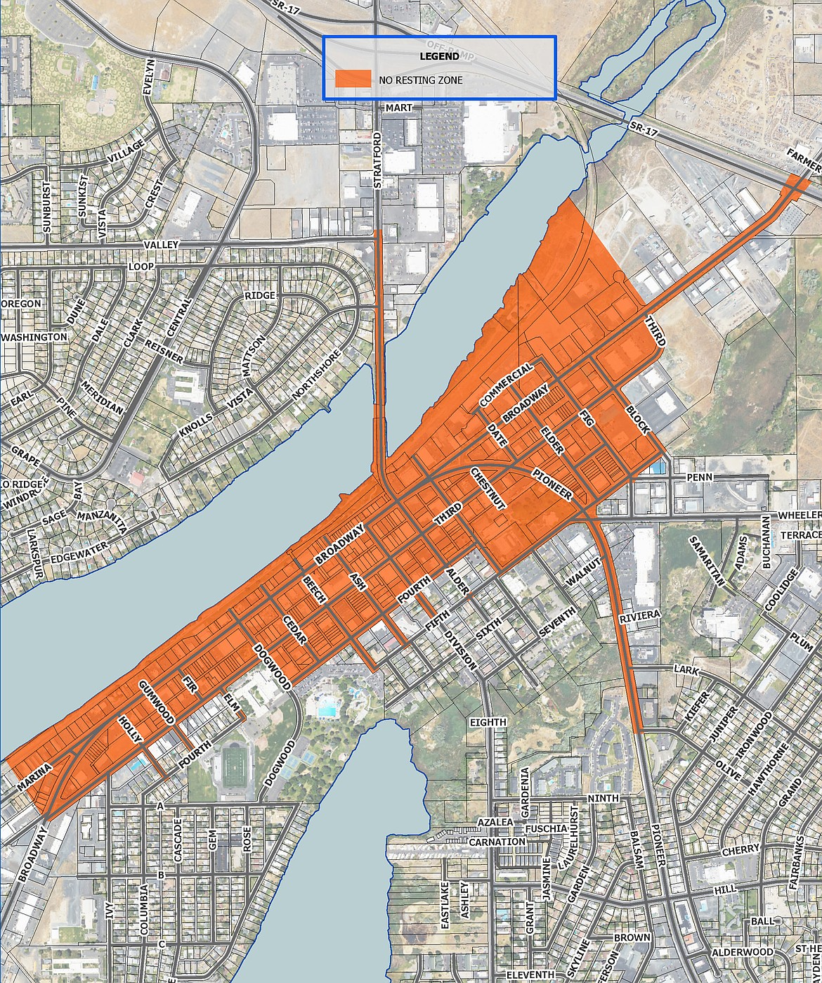 The Moses Lake City Council will vote July 22 on establishing a zone, in orange, where people would be prohibited from sitting or lying on sidewalks during designated hours.