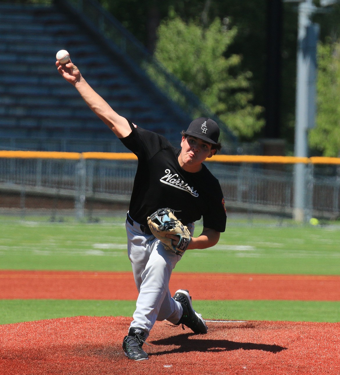 ACH Legion A’s Ethan Martinez throwing a pitch against the North Idaho Lakers. Martinez accounted for three RBI’s in game one of their doubleheader.