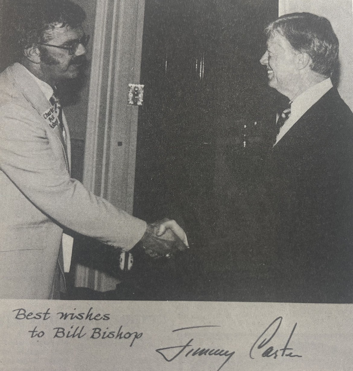 Polson business Leader Bill Bishop was greeted by President Jimmy Carter at a meeting in executive offices in Washington D.C. (Flathead Courier, July 17, 1980)