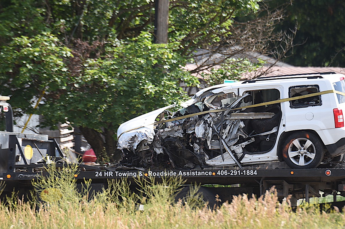 A Jeep QQQQ was heavily damaged in a fatal traffic accident July 10, 2025, on U.S. 2 near Troy. (Scott Shindledecker/The Western News)