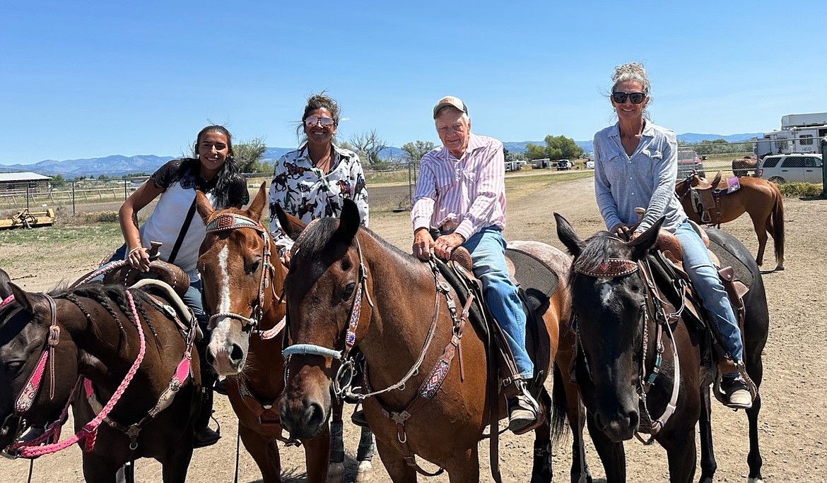 Bob Jones is flanked by Tammy Stedman on his left. Stedman’s daughter Amanda Hansen and her granddaughter, Baily Hansen are on his right. Jones is a Hall of Fame member of the National Saddle Club Association. He has been honored as the oldest rider every year since 2018. In 2023, he teamed up with his son, Daren, for a Devil’s Cowhide comeback at the National Championship in Pocatello, Idaho (he was 86 years old). (photo by Tammy Stedman)