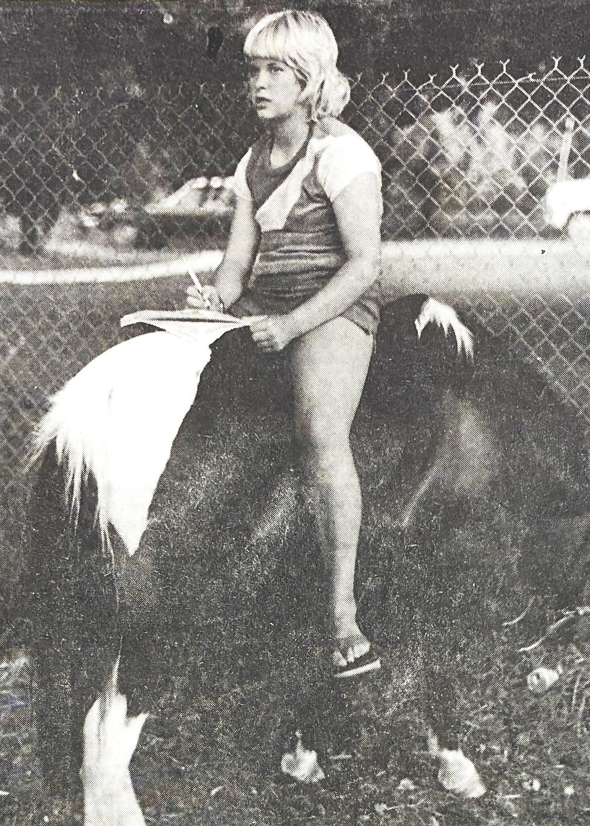 Scorekeeper Katie Kuetemeyer watches a Church League softball game on horseback in 1980.