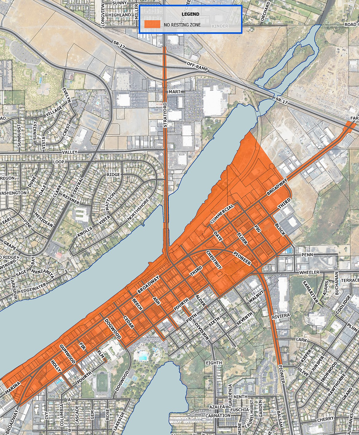 Sitting, sleeping and laying on sidewalks will be prohibited in a designated zone in Moses Lake’s commercial zone under the provisions of an ordinance approved Tuesday.