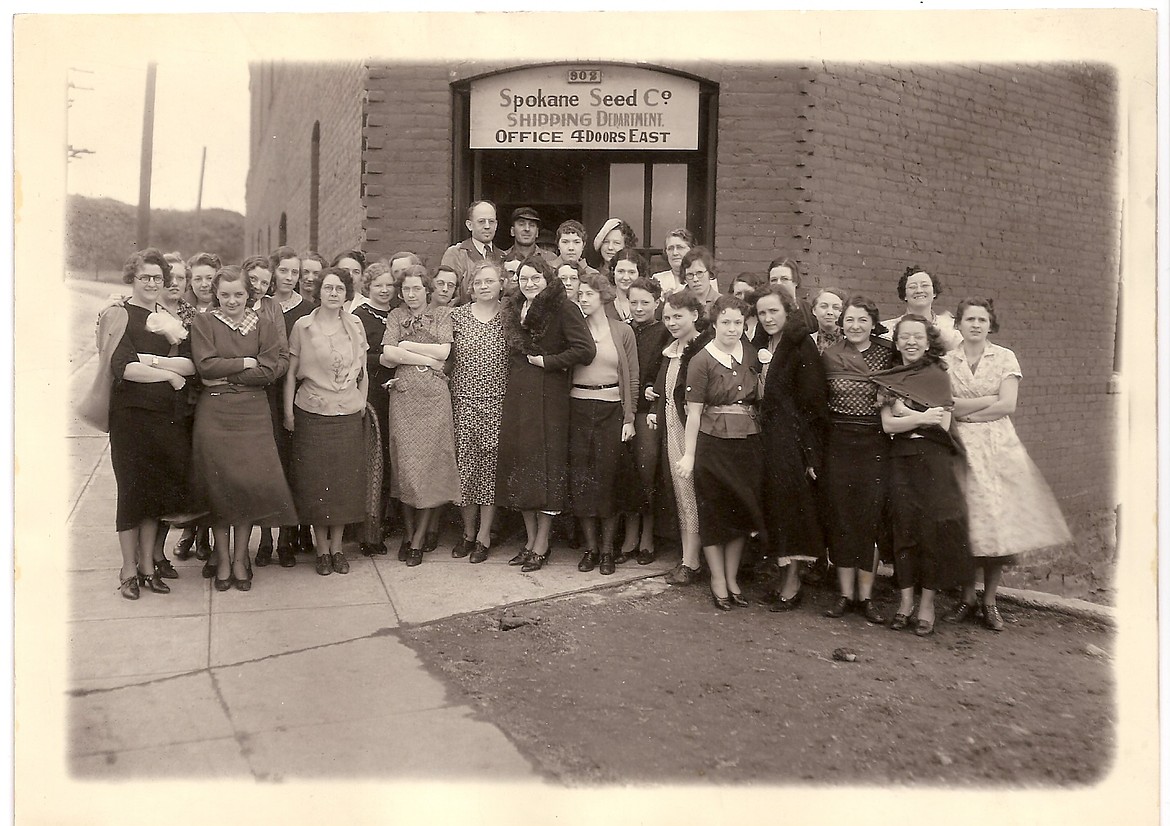 Spokane Seed employees gather for a photo on a windy, and apparently chilly, day in the 1930s