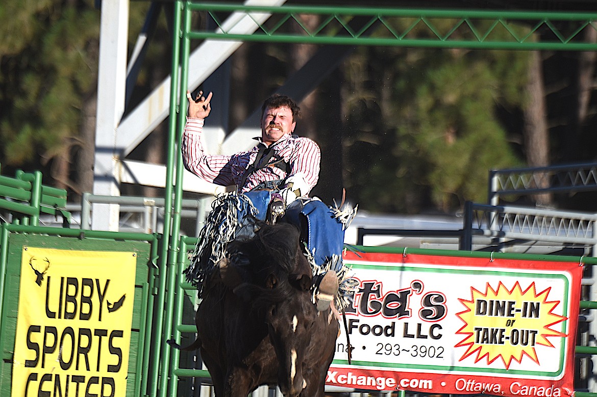 Ronan's Trevar McAllister competes in the bareback riding event Friday, July 25, 2025, at the Kootenai River Stampede in Libby. (Scott Shindledecker/The Western News)